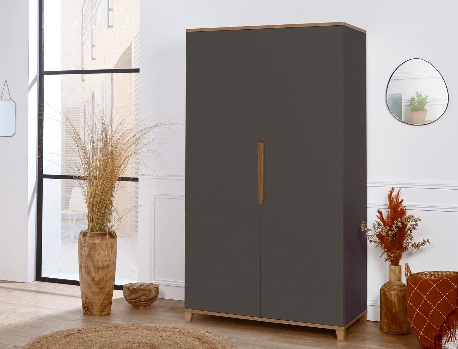 Armoire 2 portes Anthracite & Bois Milor