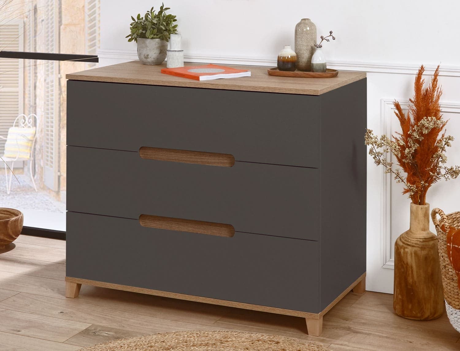Commode 3 tiroirs Anthracite & Bois Milor