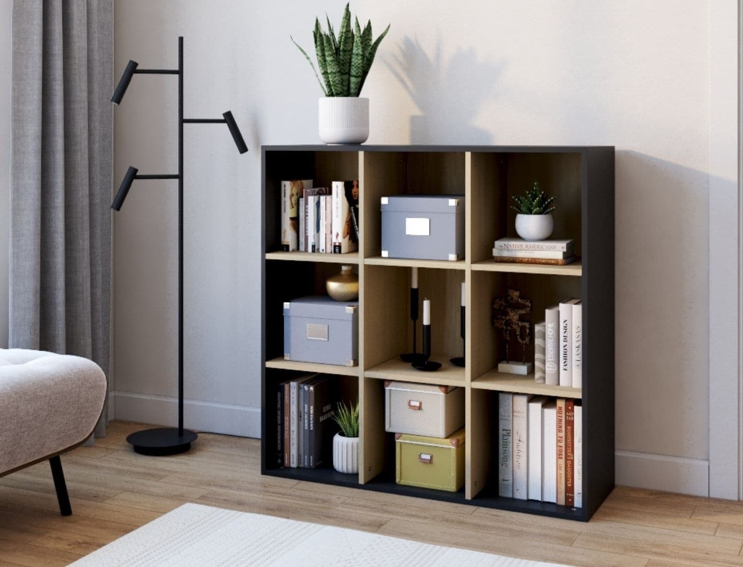 Etagère de rangement 9 cases Anthracite & Bois Milor