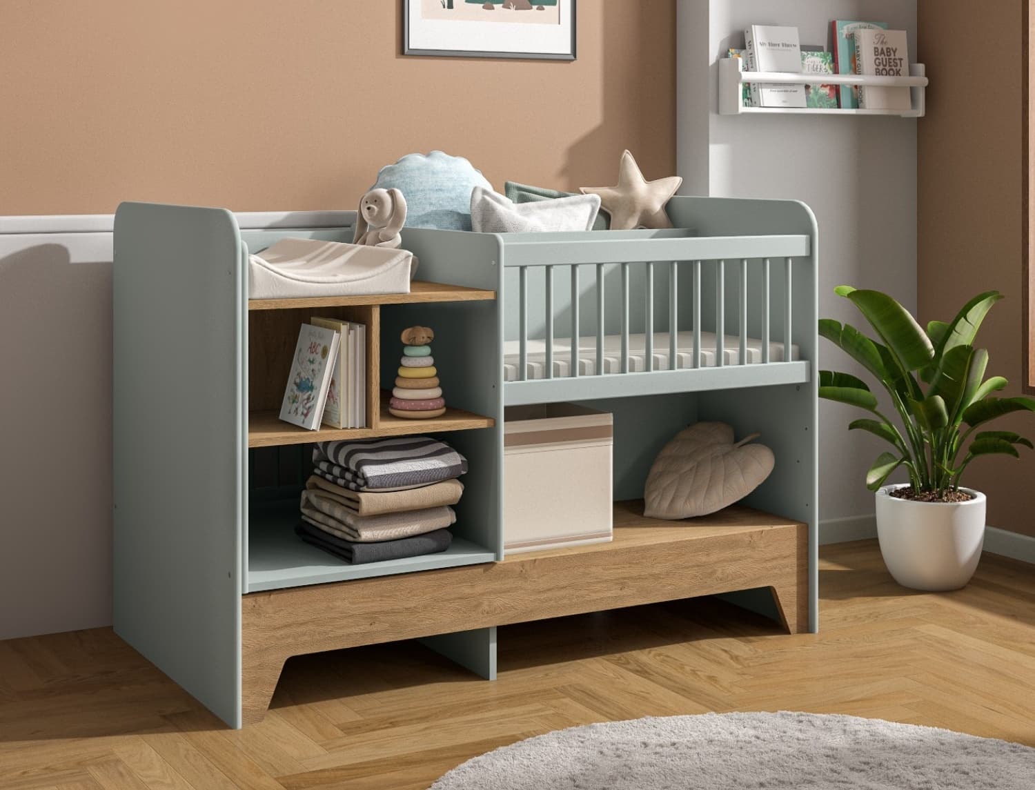 Lit bébé évolutif combiné Calisson Vert Sauge & Chêne