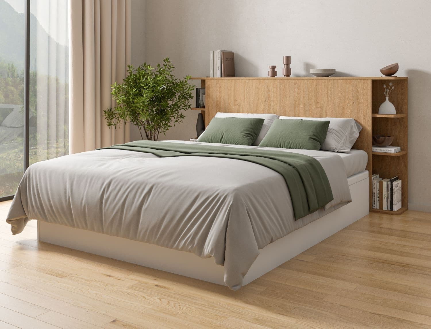 Lit coffre avec tête de lit 160x200 Blanc & Chêne Temma