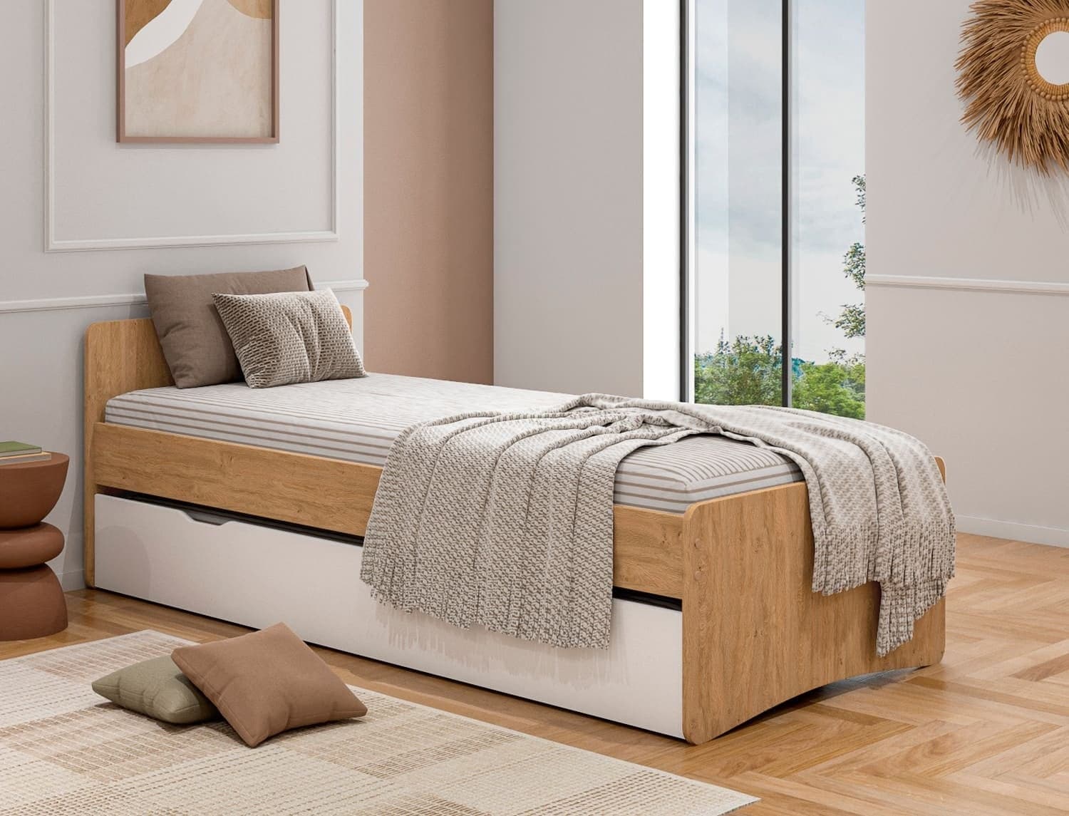 Lit gigogne 90x200 Chêne & Blanc Lena