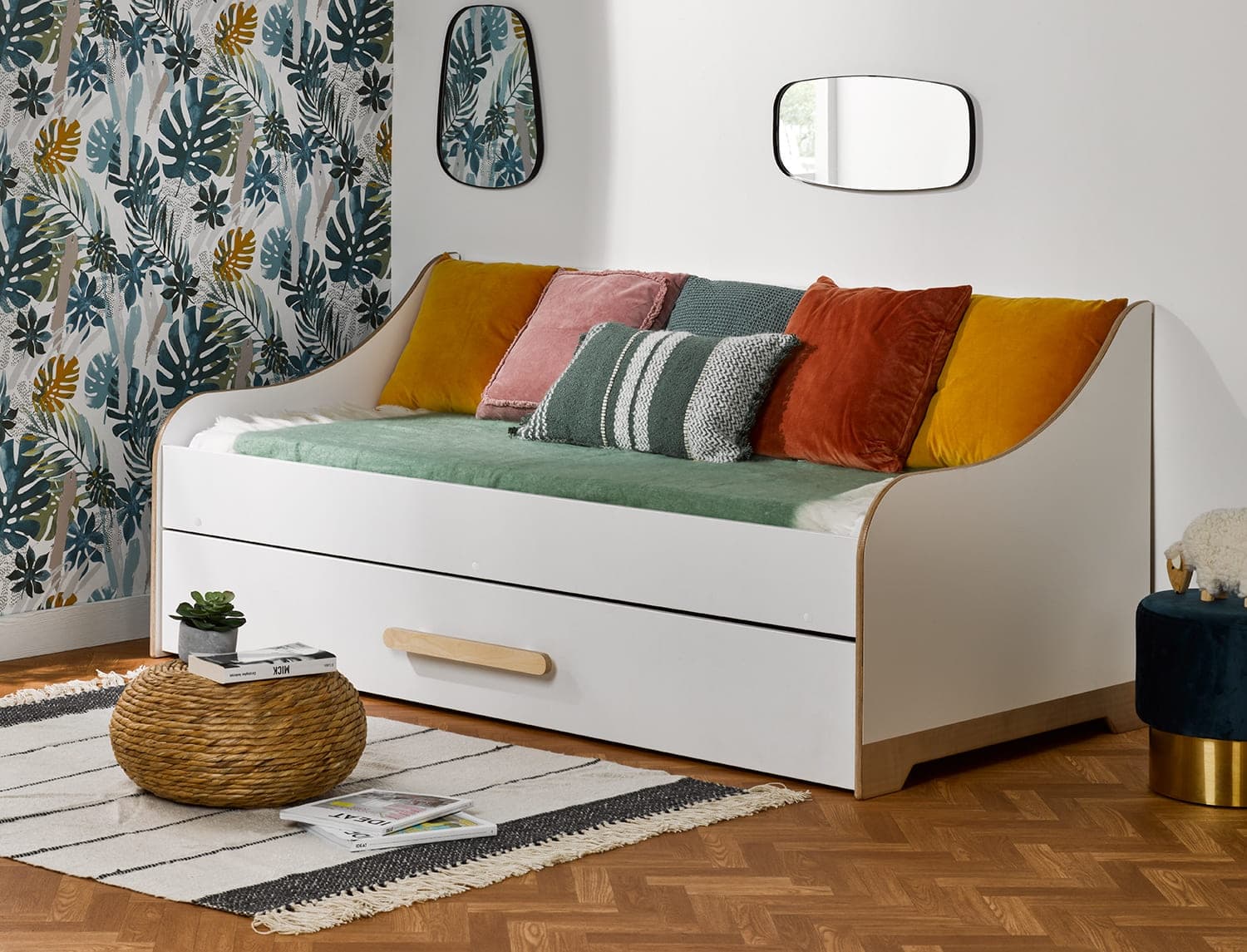 Lit banquette gigogne 90x190 Blanc Boréal + 2 Matelas
