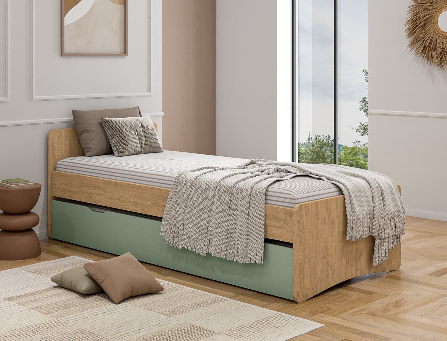 Lit gigogne 90x200 Chêne & Vert Lena