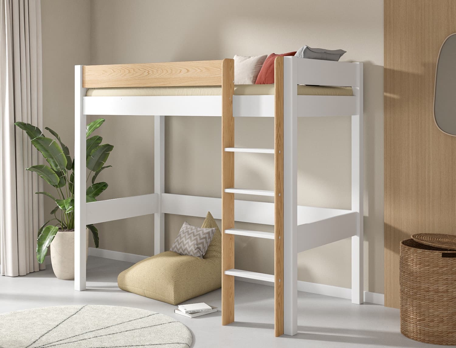 Lit mezzanine 90x190 Blanc et Pin massif Landes