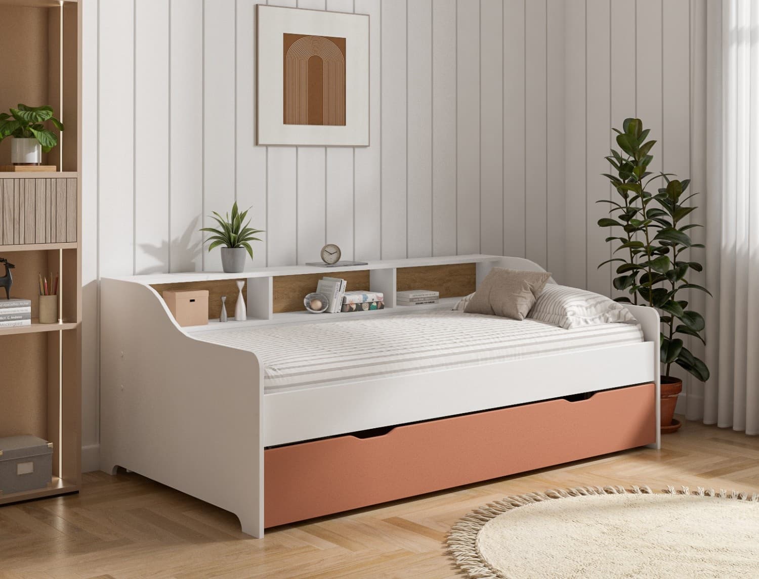 Lit gigogne avec rangement 90x200 Blanc & Terracotta Achille