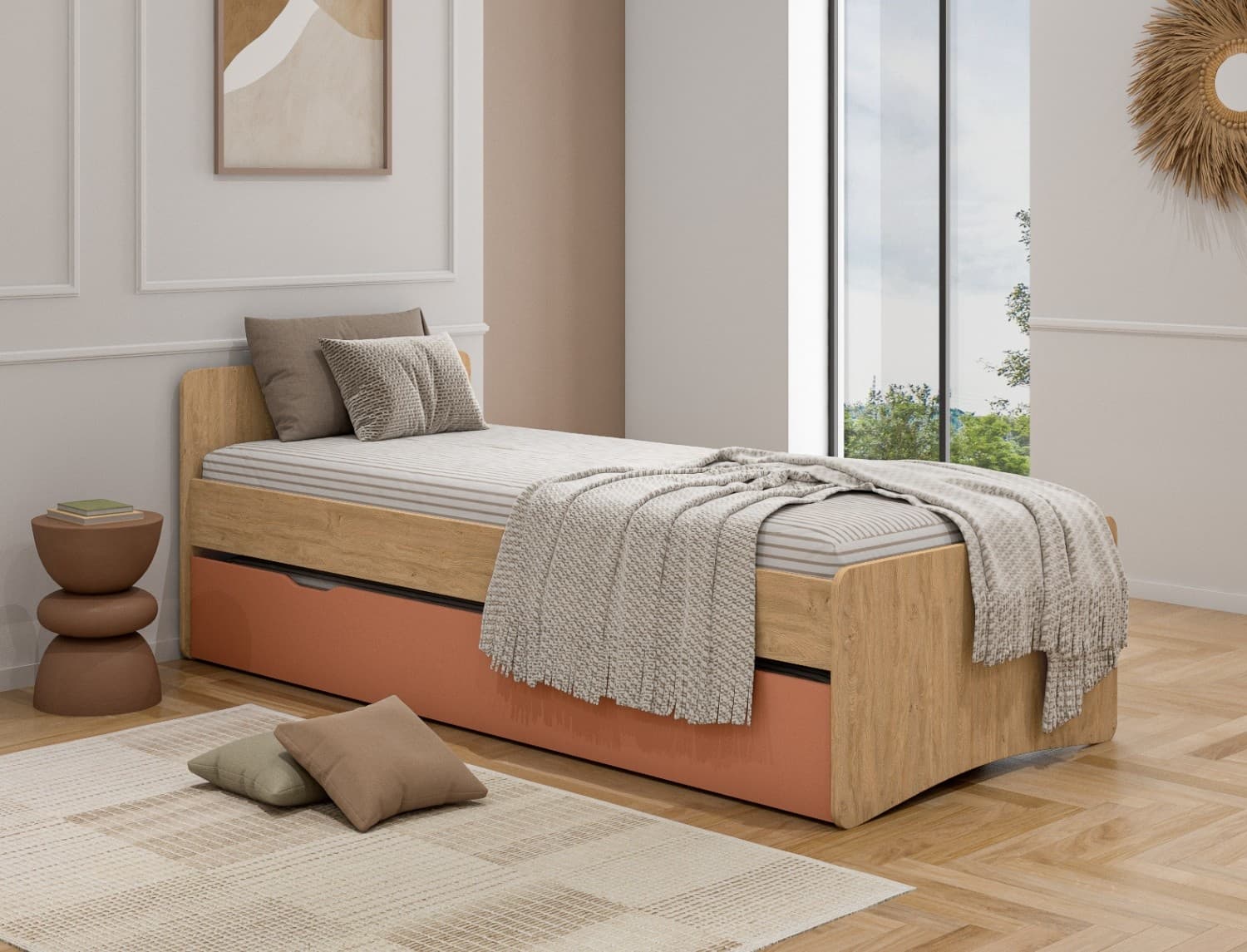 Lit gigogne 90x200 Chêne & Terracotta Lena