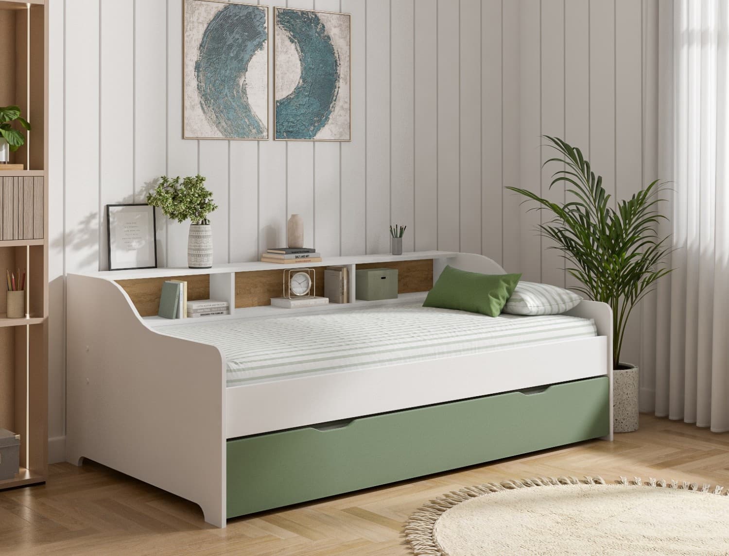 Lit gigogne avec rangements 90x200 Blanc & Vert Achille