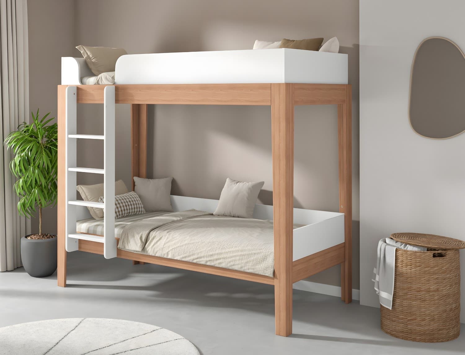 Lit superposé 90x200 Blanc & Hêtre massif Harmonie