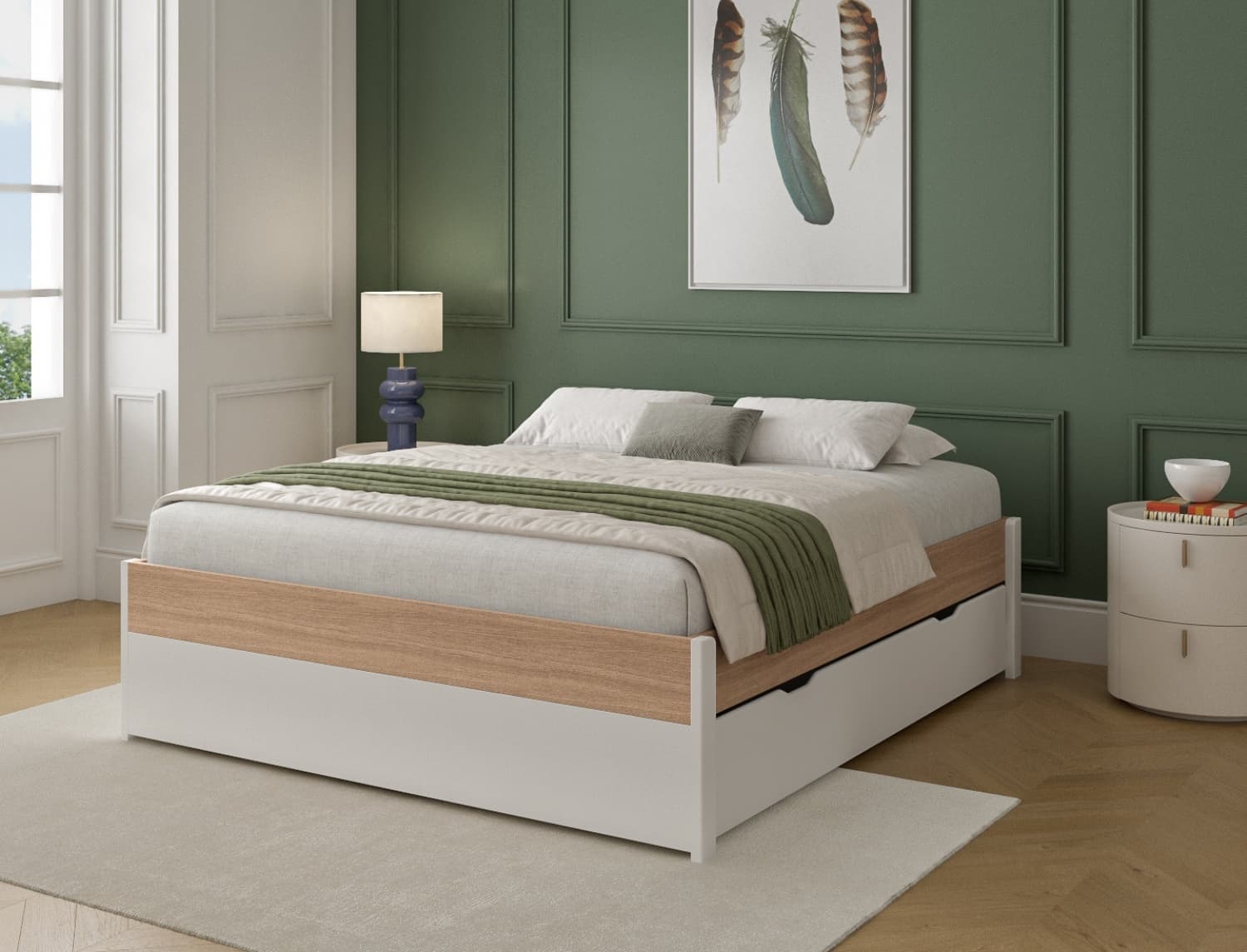 Lit 140x200 + tiroirs de rangement Blanc & Bois Nomade
