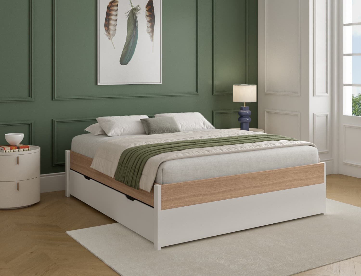 Lit 160x200 + tiroirs de rangement Blanc & Bois Nomade