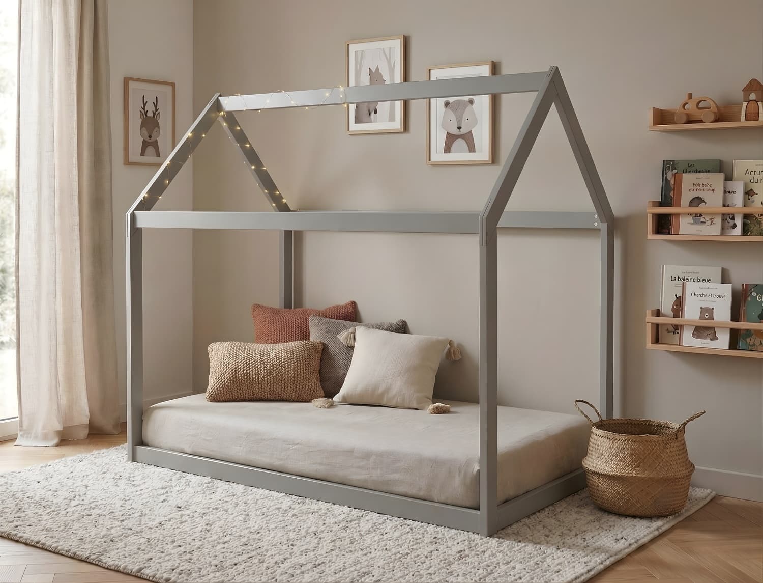 Lit cabane en bois massif 90x140 Gris Flanelle Capsule