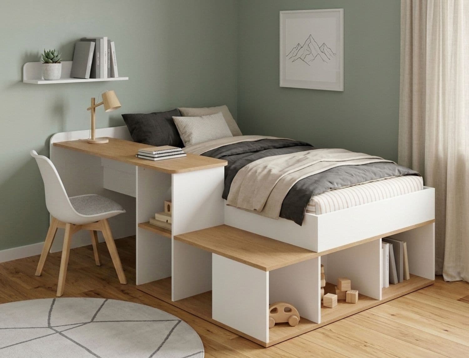 Lit enfant avec bureau 90x200 Blanc & Chêne Alto