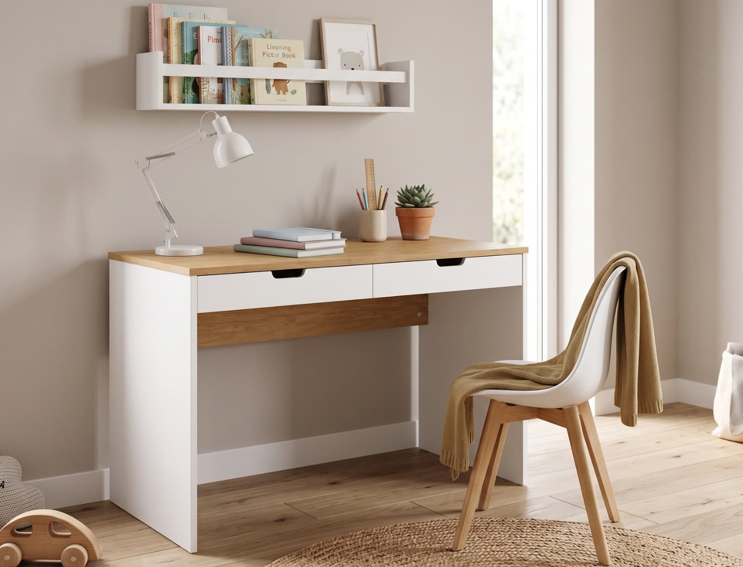 Bureau 2 tiroirs Blanc & Bois Milor