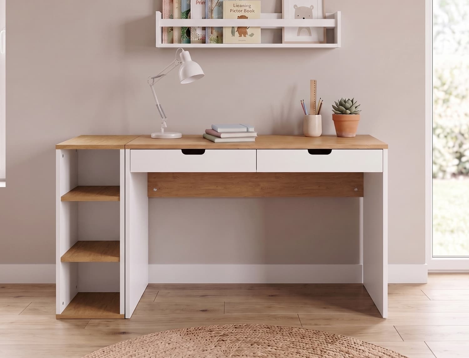 Bureau avec caisson Blanc & Bois Milor