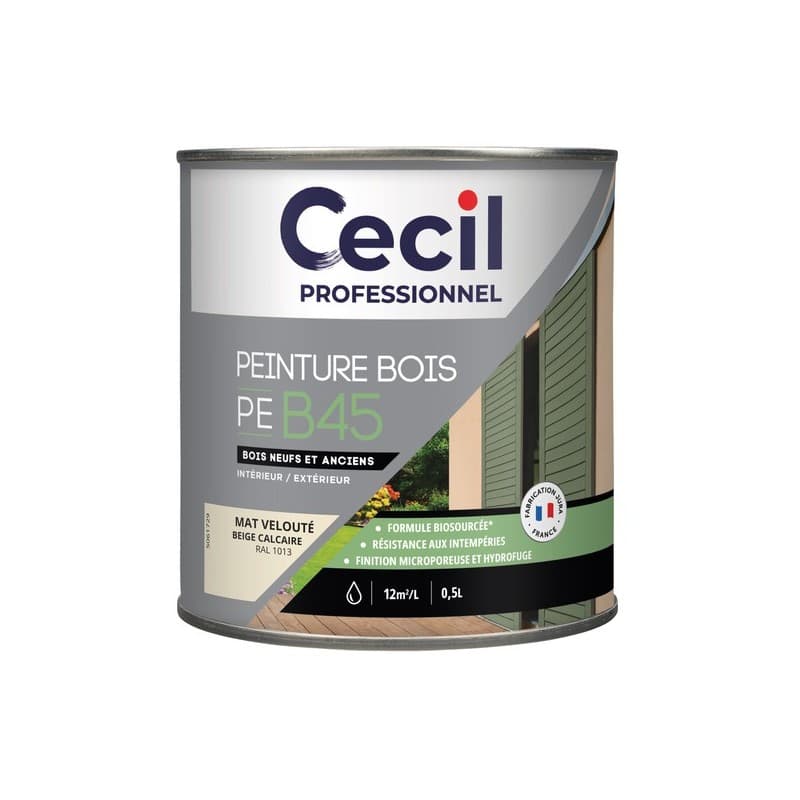 Peinture bois peb45 - formule biosourcée boiseries acrylique soigné brosse/rouleau, pistolet sans air eau 24 heure(s) 12 m²/l supports anciens ou tach