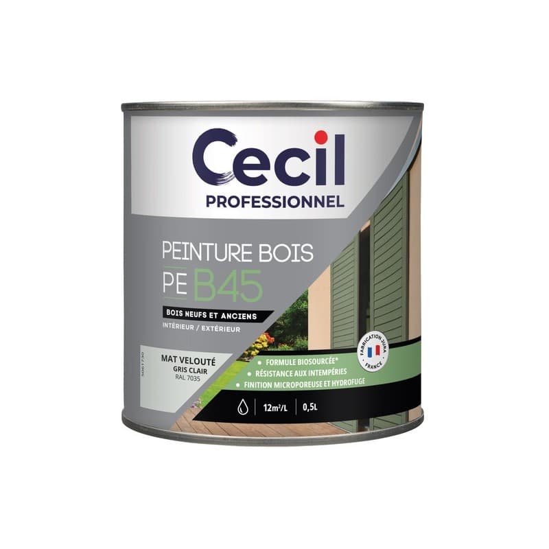 Peinture bois peb45 - formule biosourcée boiseries acrylique soigné brosse/rouleau, pistolet sans air eau 24 heure(s) 12 m²/l supports anciens ou tach