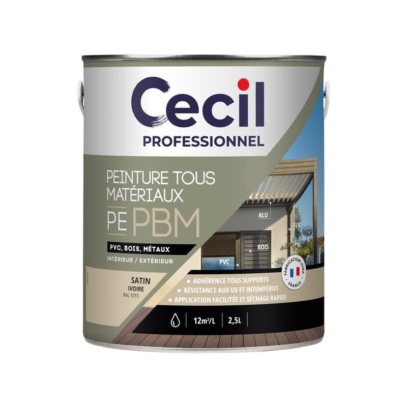 Peinture tous matériaux pe pbm supports neufs ou sains boiseries acrylique soigné brosse/rouleau, pistolet sans air eau 12 heure(s) 12 m²/l 4 heure(s)