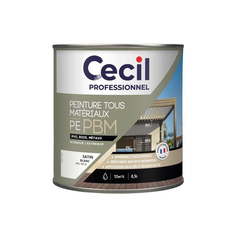 Peinture tous matériaux pe pbm supports neufs ou sains boiseries acrylique soigné brosse/rouleau, pistolet sans air eau 12 heure(s) satin blanc 12 m²/