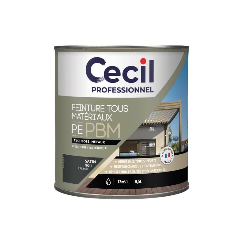 Peinture tous matériaux pe pbm supports neufs ou sains boiseries acrylique soigné brosse/rouleau, pistolet sans air eau 12 heure(s) satin noir 12 m²/l