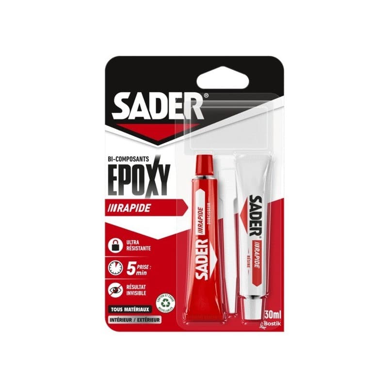 Colle époxy rapide sader® / multi-usages colle époxy rapide de 1 à 5 minutes liquide epoxy manuelle charges moyennes de 50 à 100 kg béton/maçonnerie,