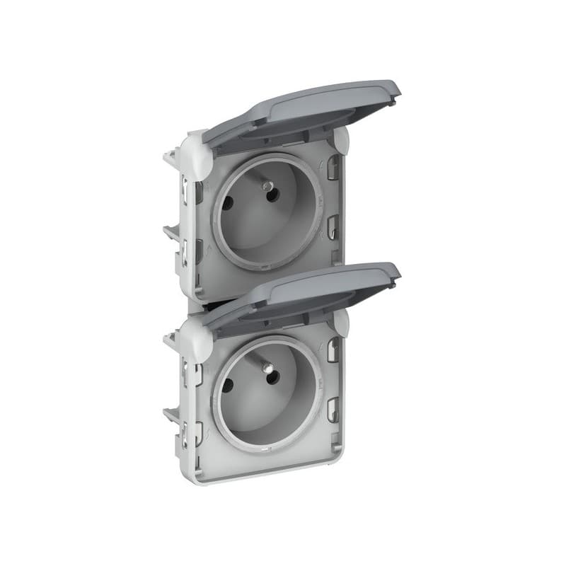 Double prise courant terre plexo précablée vertical gris double prise courant terre plexo précablée vertical gris 1 pièce(s) monobloc 1 2p+t en sailli