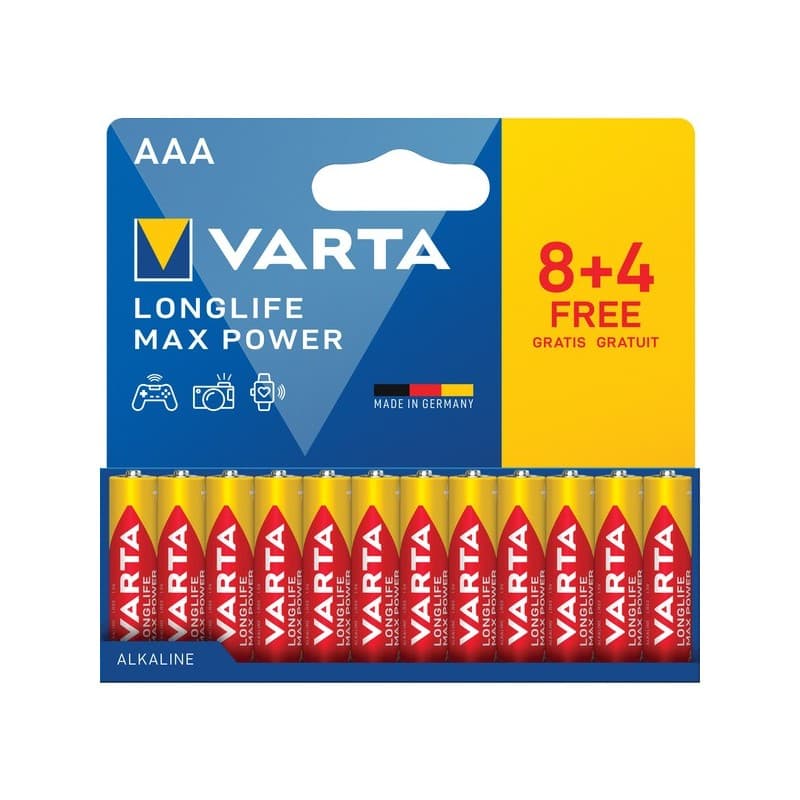 Piles alcaline longlife max power lr03 / aaa alcaline 1 blister(s) de 12 pièce(s) piles alcalines longlife max power lr03/aaa (8+4) - varta