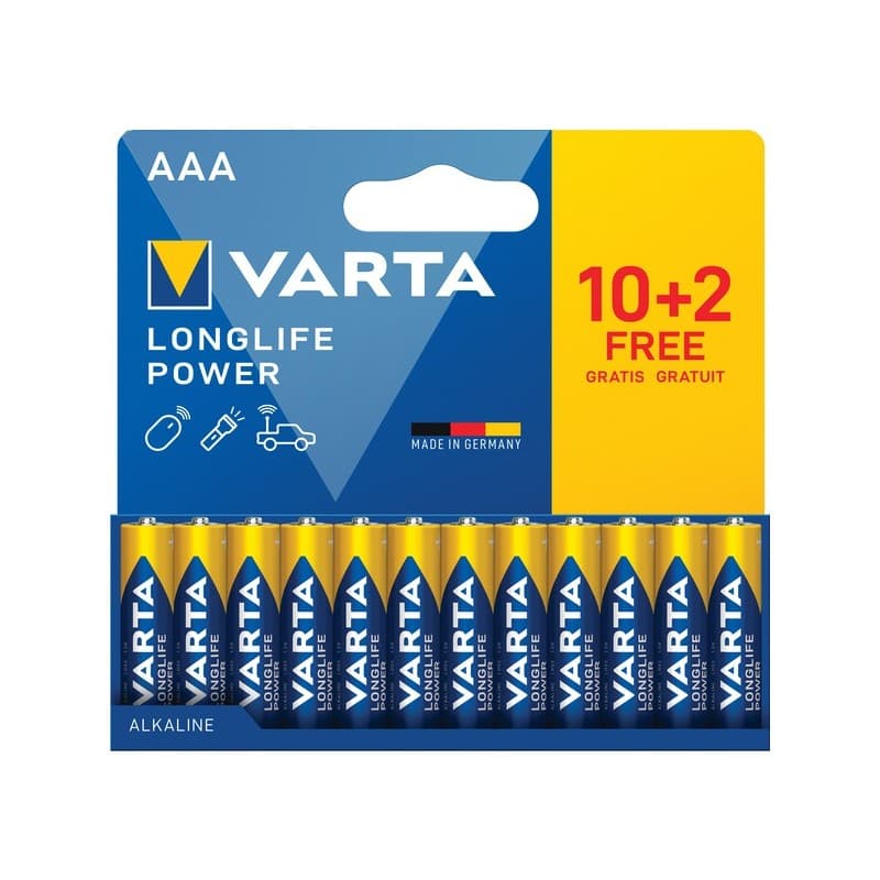 Piles alcaline longlife power lr03 / aaa alcaline 1 blister(s) de 12 pièce(s) piles alcalines longlife power lr03 / aaa (10+2) - varta