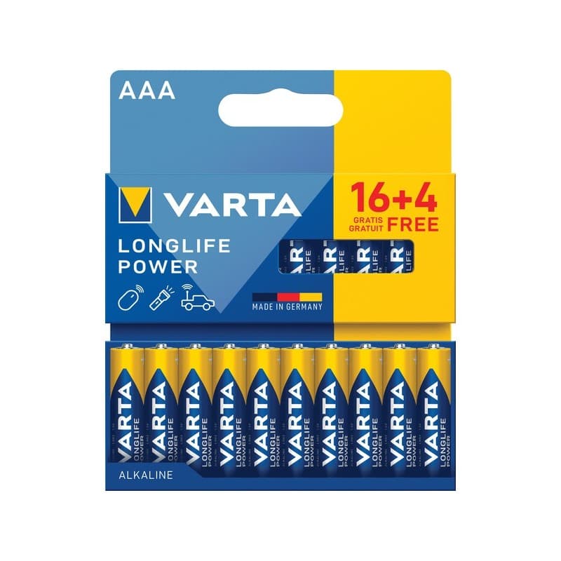 Piles alcaline longlife power lr03 / aaa alcaline 1 blister(s) de 20 pièce(s) piles alcalines longlife power lr03 / aaa (16+4) - varta