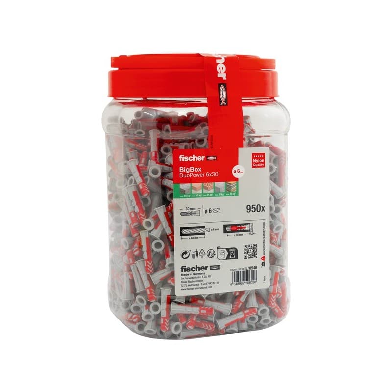 Maxi big box chevilles duopower 30 mm 6 mm fixation courante charges moyennes de 20 à 50 kg béton, béton cellulaire, maçonnerie creuse (parpaing creux