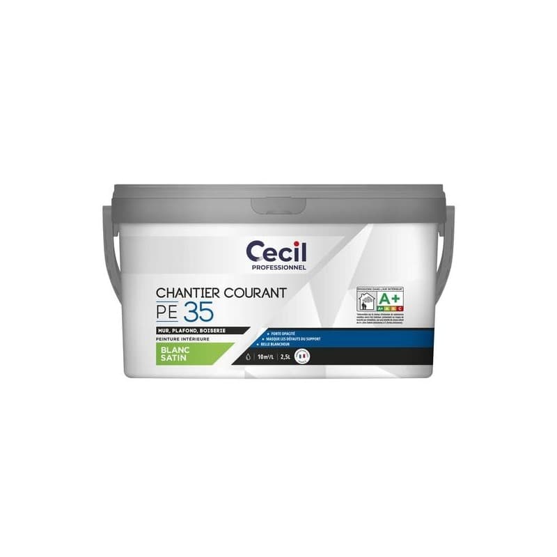Peinture intérieur satinée pe35 supports neufs ou sains courante intérieur acrylique eau blanc 10 m²/l 12 heure(s) 1.26 4 heure(s) 1 pot(s) de 2.5 lit