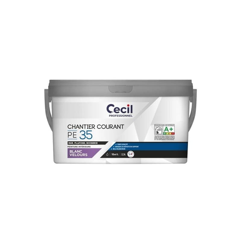 Peinture intérieur velours pe35 supports neufs ou sains courante intérieur acrylique eau blanc 10 m²/l 12 heure(s) 4 heure(s) 1 pot(s) de 2.5 litre(s)