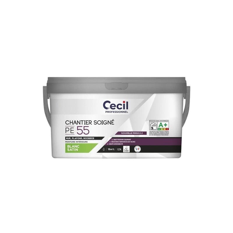 Peinture intérieur satinée expert pe55 supports neufs ou sains intérieur soigné eau blanc 10 m²/l 4 heure(s) 1 pot(s) de 2.5 litre(s) alkyde-acrylique