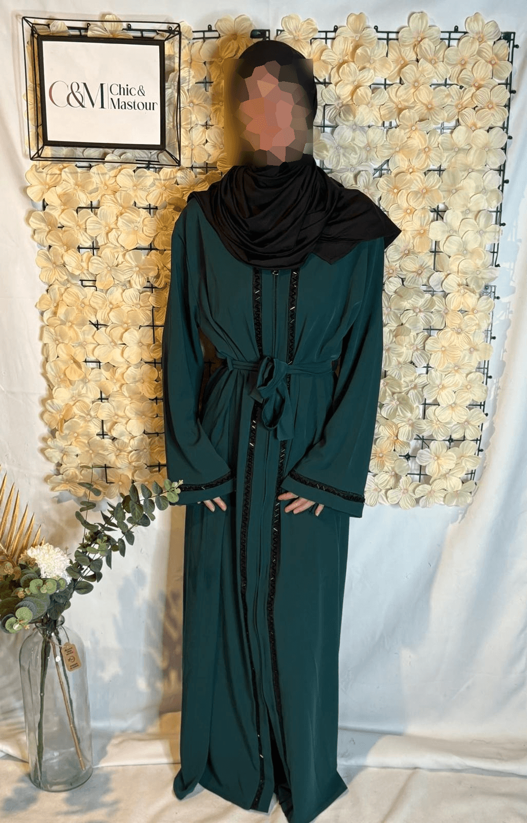 Abaya Eid Fermeture éclair en Nidha Vert Sapin