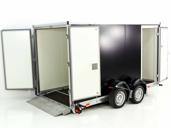 Koffer-Absenkanhänger Vezeko 157x343cm Höhe:190cm 2,7t|Tür|E-Pumpe|schwarz