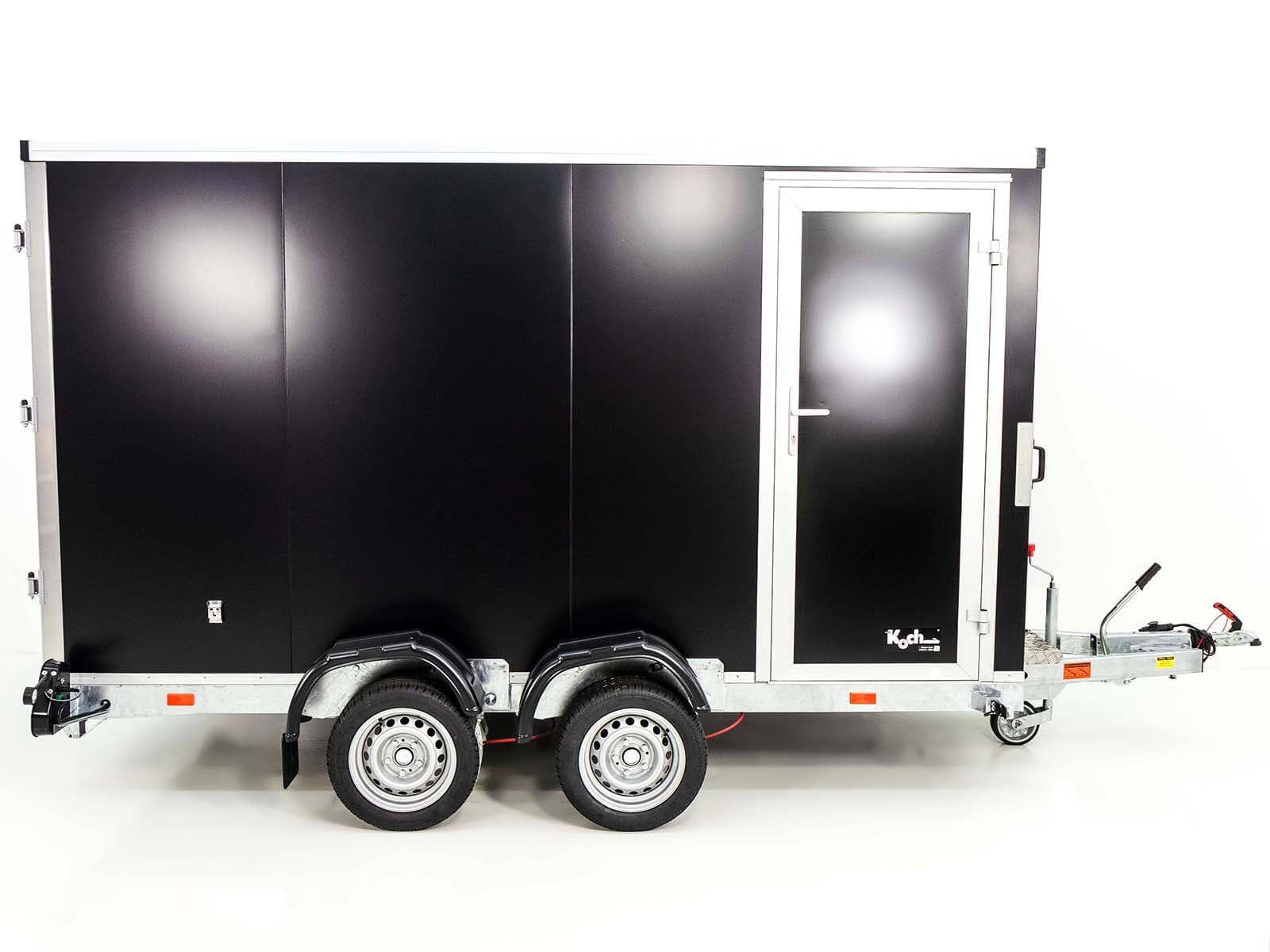 Koffer-Absenkanhänger Vezeko 157x343cm Höhe:210cm 2,7t|Tür|E-Pumpe|schwarz