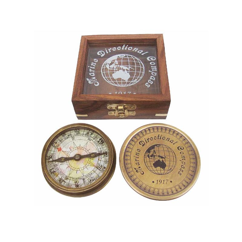 Boussole laiton antique avec boite en bois