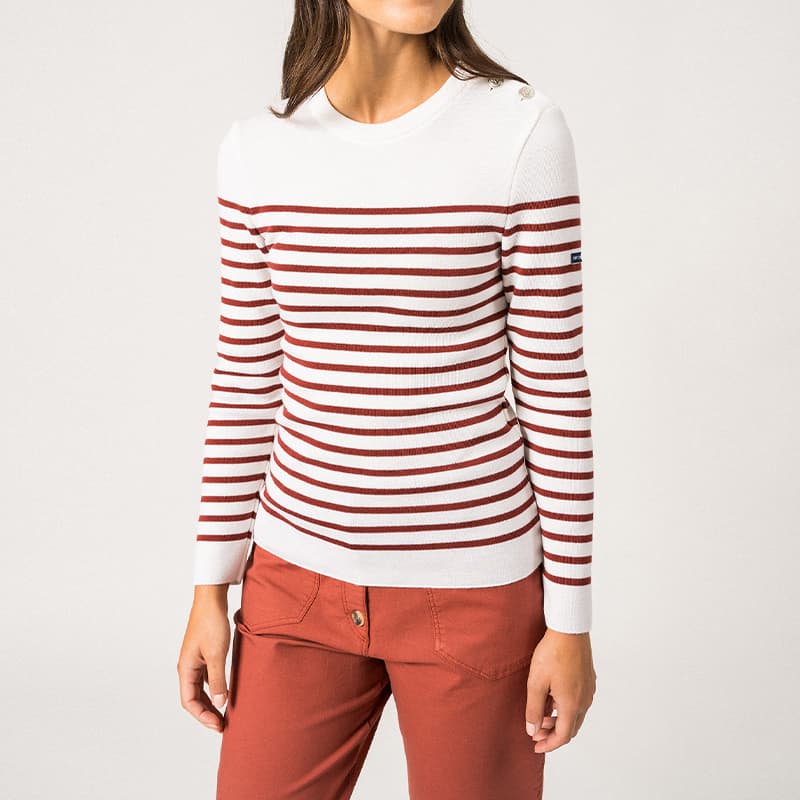 Pull marin rayé SAINT JAMES Marée II couleur 38 Blanc/Terracotta