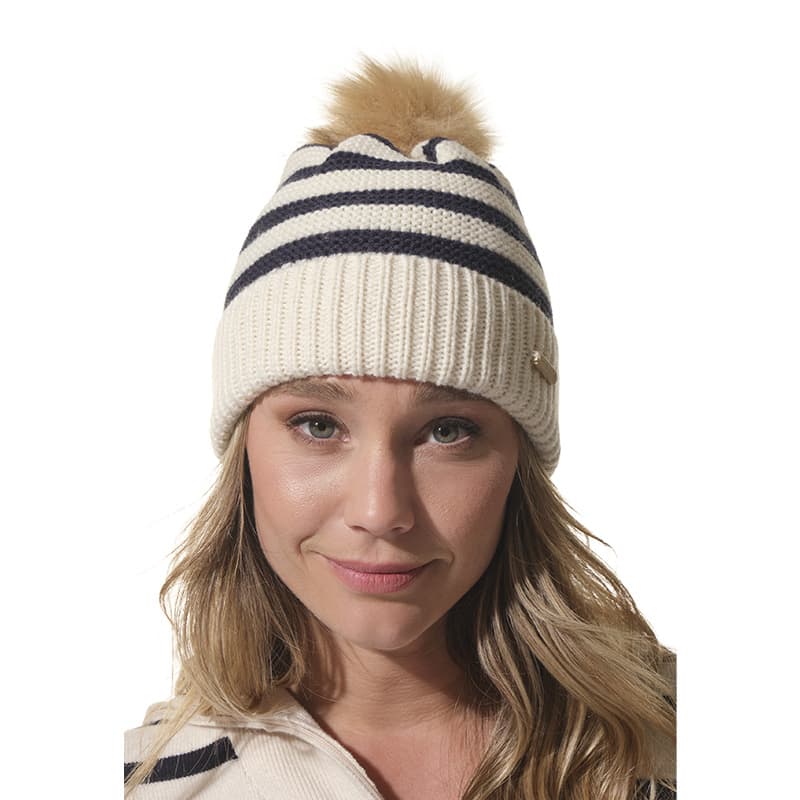 Bonnet rayé avec pompon HUBLOT Diaz TU Ecru/Marine