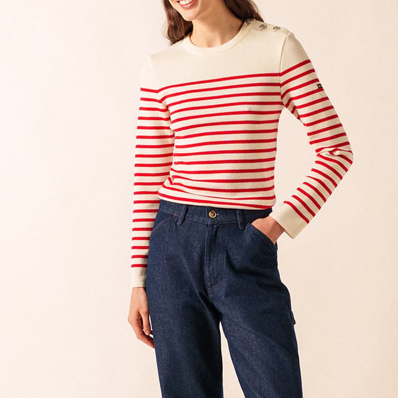 Pull marin rayé SAINT JAMES Marée II 46 Ecru/Rouge
