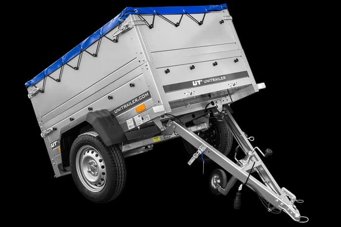 Przyczepka lekka 150×106 Unitrailer Garden 150 KIPP z burtami BIS i pokrowcem niebieskim-Nowy