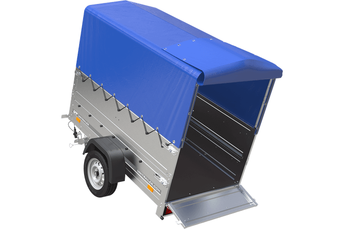 Przyczepka samochodowa 200×106 Unitrailer Garden 200 FD ze stelażem H-800 i plandeką niebieską-Nowy