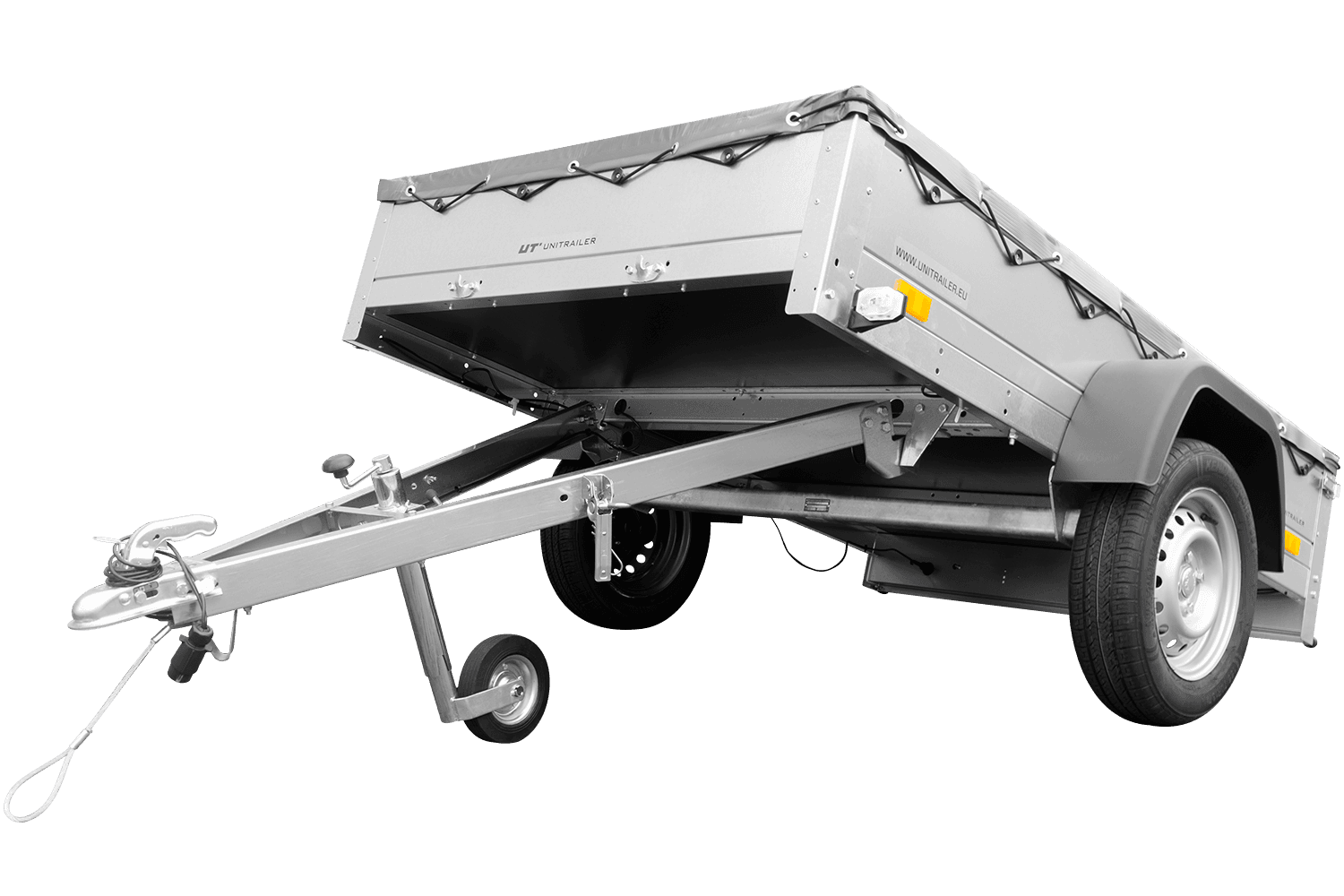 Przyczepka samochodowa 200×125 Unitrailer Garden 201 KIPP z burtami siatkowymi, stelażem H-0 i pokrowcem szarym-Nowy