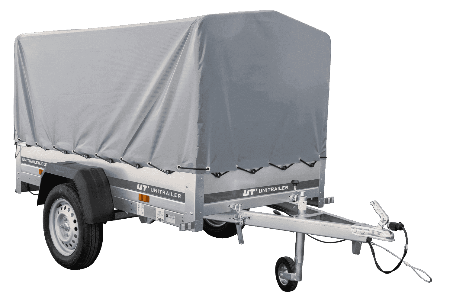 Przyczepka samochodowa 200×106 Unitrailer Garden 200 KIPP z burtami siatkowymi, stelażem H-800 i pokrowcem szarym-Nowy