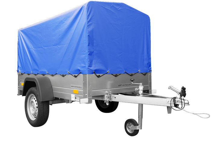 Przyczepka lekka 200×125 Unitrailer Garden 201 KIPP ze stelażem H-800 i plandeką niebieską-Nowy