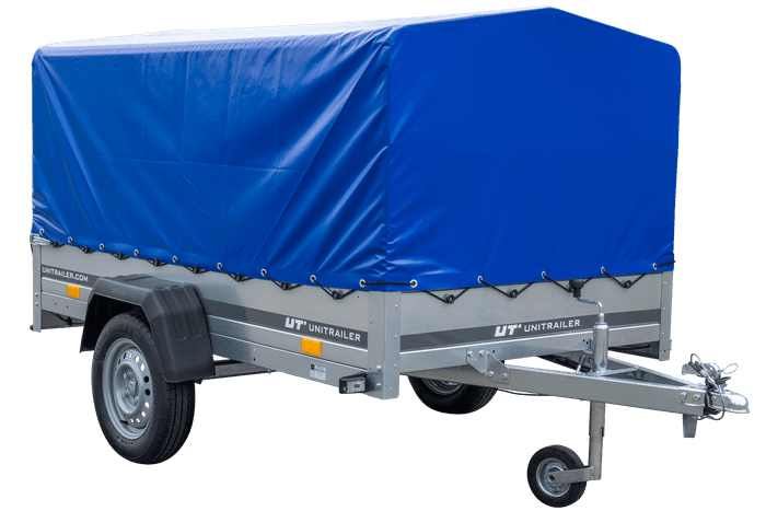 Przyczepka jednoosiowa 230×125 Unitrailer Garden 230 FD ze stelażem H-800 i pokrowcem niebieskim-Nowy