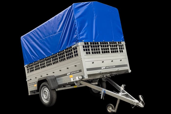 Przyczepka jednoosiowa 230×125 Unitrailer Garden 230 KIPP z burtami siatkowymi, stelażem H-800 i plandeką niebieską-Nowy