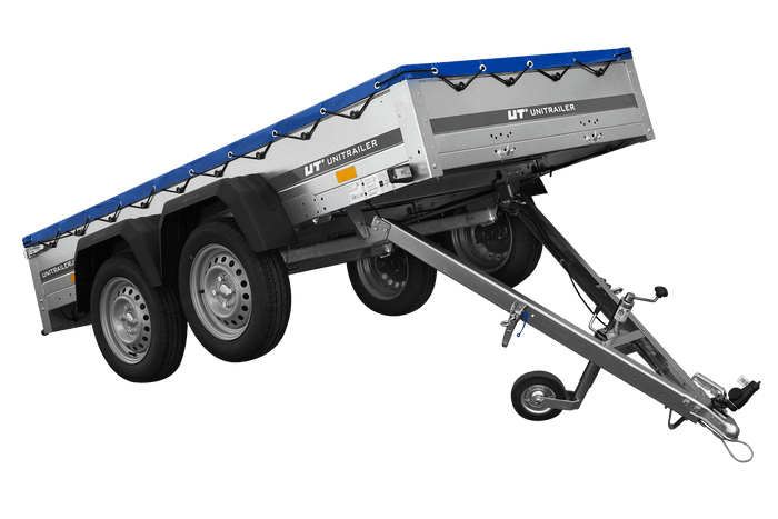 Przyczepka dwuosiowa 264×125 Unitrailer Garden 264/2 KIPP ze stelażem H-0 i plandeką niebieską-Nowy