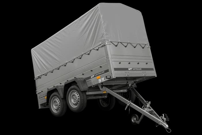Przyczepka dwuosiowa 264×125 Unitrailer Garden 264/2 KIPP z burtami BIS, stelażem H-0 i pokrowcem szarym-Nowy