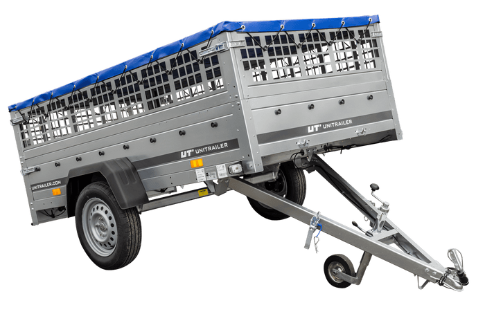 Przyczepka samochodowa 230×125 Unitrailer Garden 230 KIPP z burtami siatkowymi i plandeką niebieską-Nowy